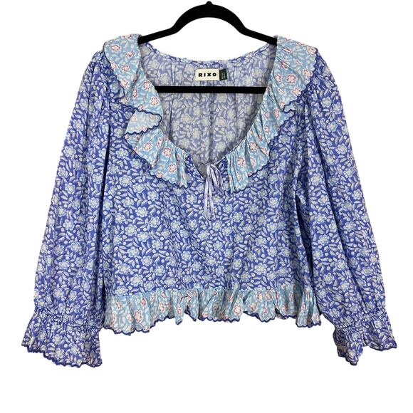 Rixo Bobbie Floral Cotton Pajama Top Long Sleeve Blue Ruffle Size Large US 10 - Picture 1 of 6